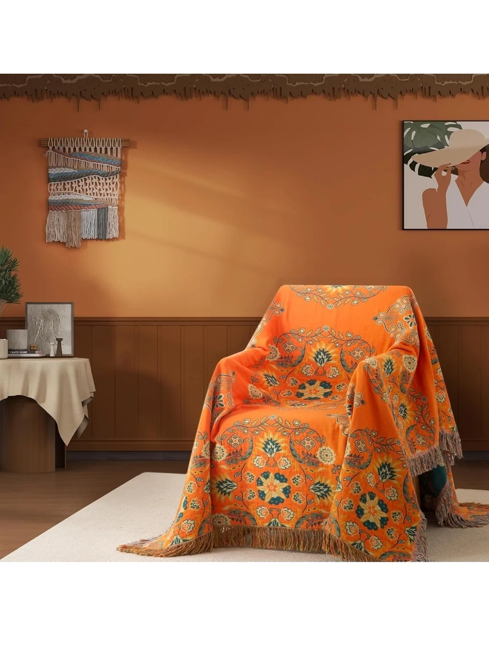 Reversible Floral Fringe Throw Blanket - Orange & Teal 60x80